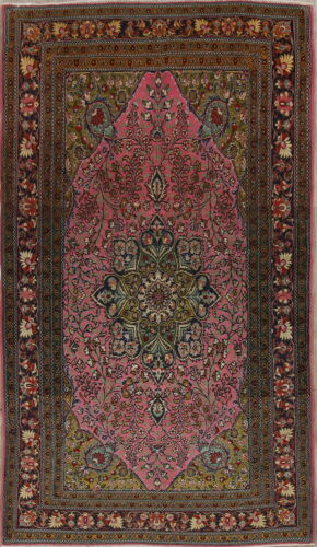 Antique Floral Tebriz Persian Oriental Pink Hand-Knotted 4x6 Wool Silk Area Rug