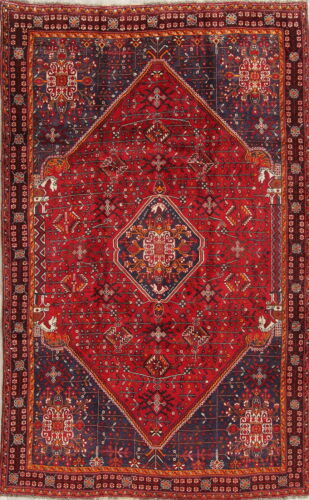 One-of-a-Kind Tribal Red Abadeh Persian Design Hand-Knotted Wool Area Rug 5x8