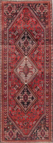 Red Geometric Abadeh Persian Oriental Hand-Knotted 4x9 Wool Runner Rug Tribal