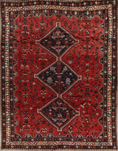 Semi Antique Handmade Tribal Geometric 7x9 Red Wool Qashqai Oriental Area Rug