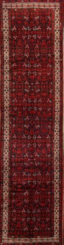 Palace Sized Vintage Geometric Hamadan Persian Handmade Red Wool Runner Rug 3x13