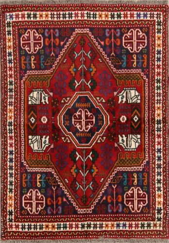 Beautiful Geometric Tribal Shiiraz Persian Hand Knotted Red Wool Area Rug 3'x5'