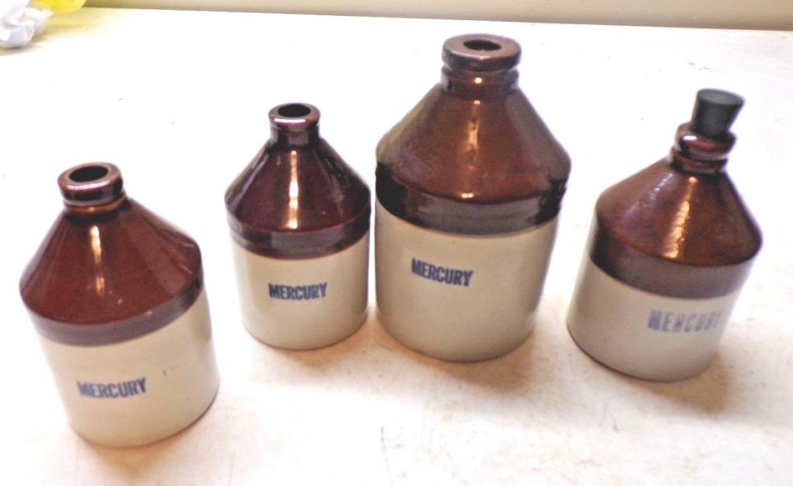 4 EMPTY Old Crock Drug Store Jugs Marked Mercury