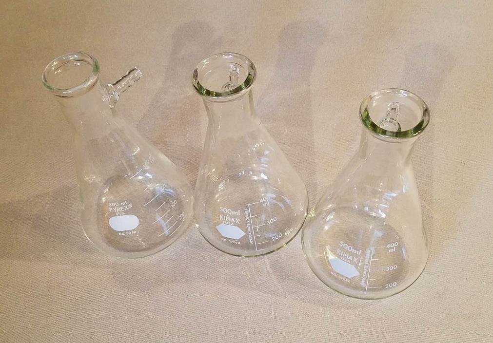 Vintage Set of 3 500ml Pyrex & Kimax Chemistry Glass Apothecary Flasks Bottles