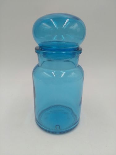 VINTAGE Blue Glass Apothecary Jar with Bubble Lid. Made in Belgium Approx 7