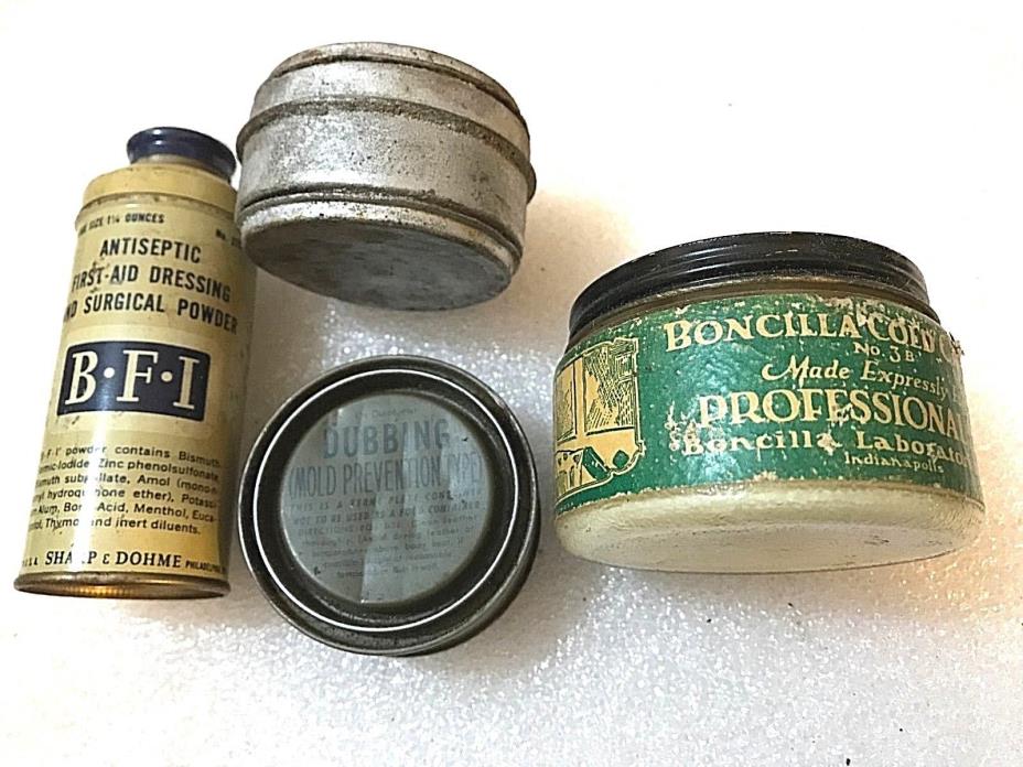 3 ANTIQUE MEDICINE TINS & GLASS JAR - BONCILLA COLD CREAM; BFI ANTISEPTIC