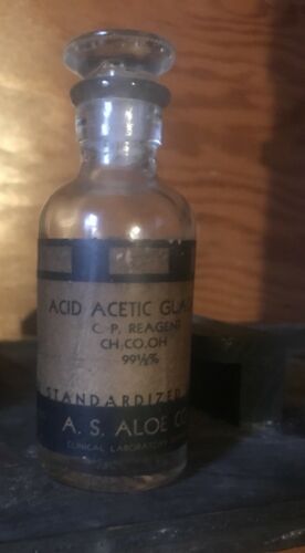 antique apothecary/medical glass bottle with stopper label: ACID ACETIC GLACIAL