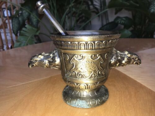Vintage HEAVY Brass Mortar Pestle VFOLAN MDCL Double Eagle Heads 4 1/4