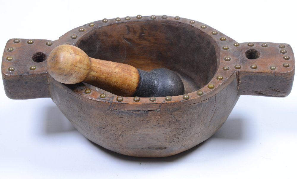 Vintage Studded Oval Wood Pestle and Mortar with Handles 2.75