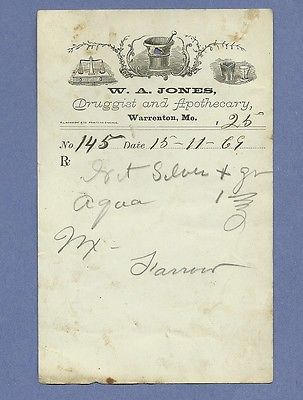 1869 WA Jones Druggist Apothecary Warrenton Missouri Prescription Receipt No 145