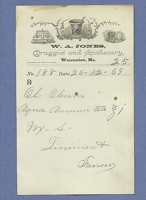 1869 WA Jones Druggist Apothecary Warrenton Missouri Prescription Receipt No 188