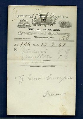 1869 WA Jones Druggist Apothecary Warrenton Missouri Prescription Receipt No 106