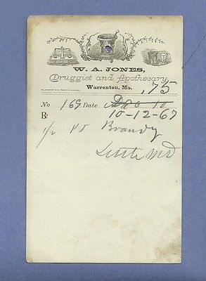 1869 WA Jones Druggist Apothecary Warrenton Missouri Prescription Receipt No 169