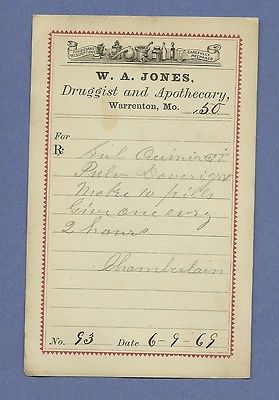 1869 WA Jones Druggist Apothecary Warrenton Missouri Prescription Receipt No 93