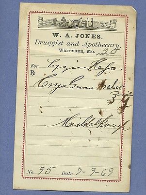 1869 WA Jones Druggist Apothecary Warrenton Missouri Prescription Receipt No 95