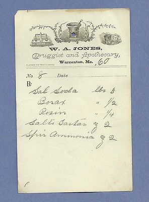1869 WA Jones Druggist Apothecary Warrenton Missouri Prescription Receipt No 8