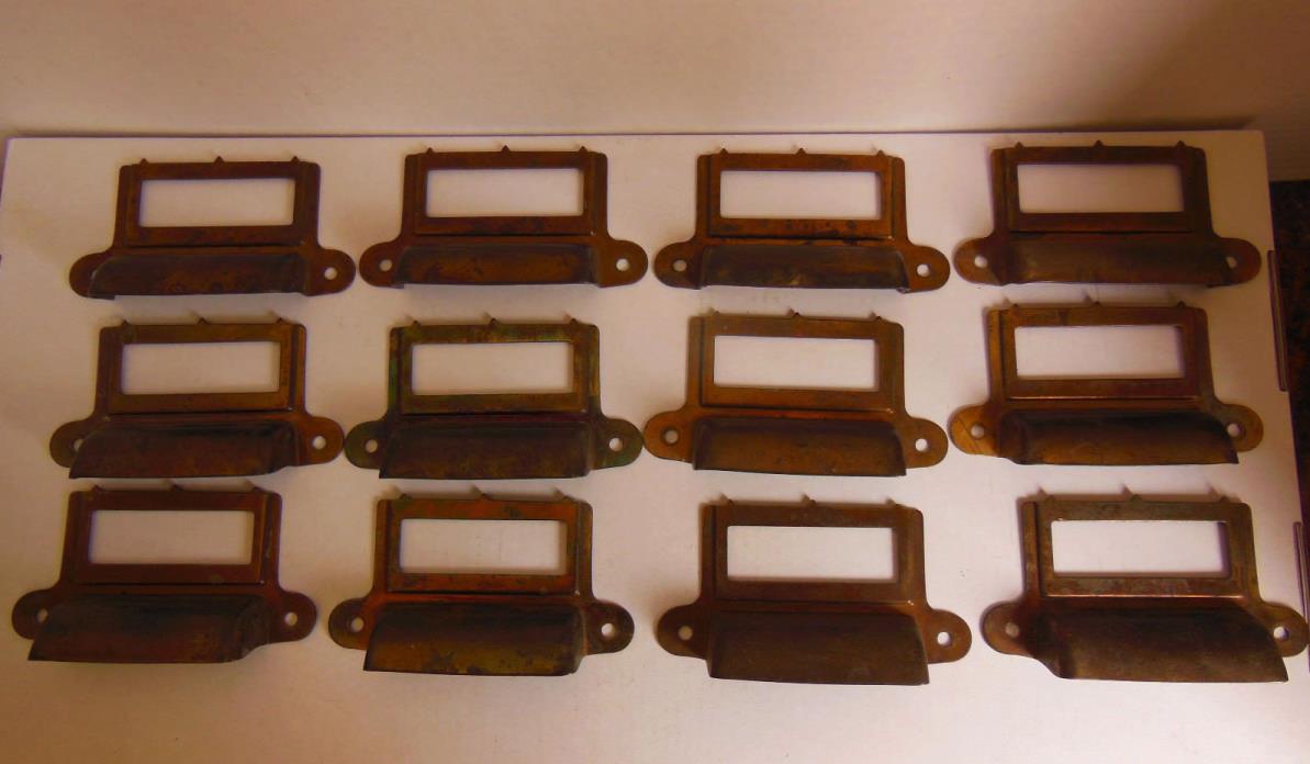 12 Antique Apothecary Card Catalog Drawer Pull Label Holder Authentic Matching