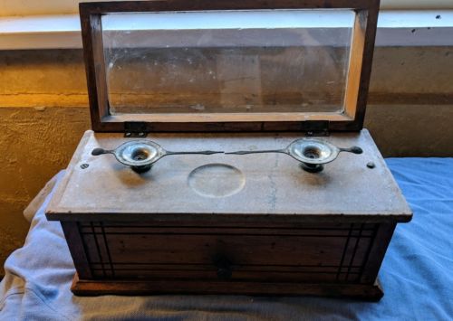 Antique Gold Scale Oak / Glass Case w Marble Platform Works Mining Apothecary