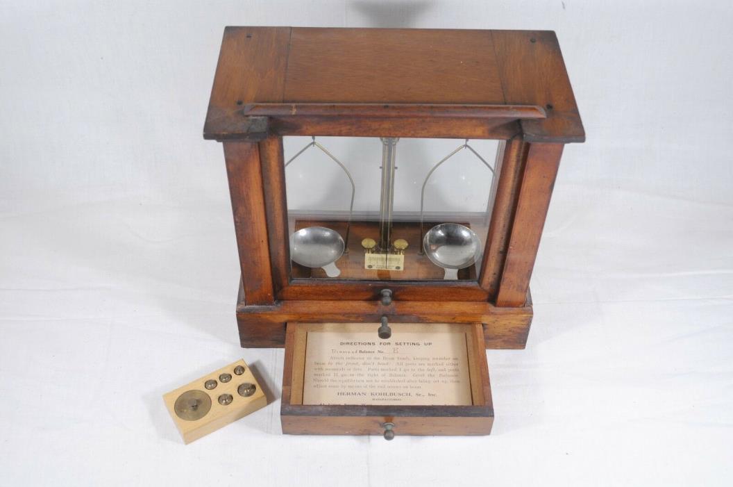 Antique H. Kohlbusch Analytical Balance Scale Mahogany Glass Cabinet Apothecary