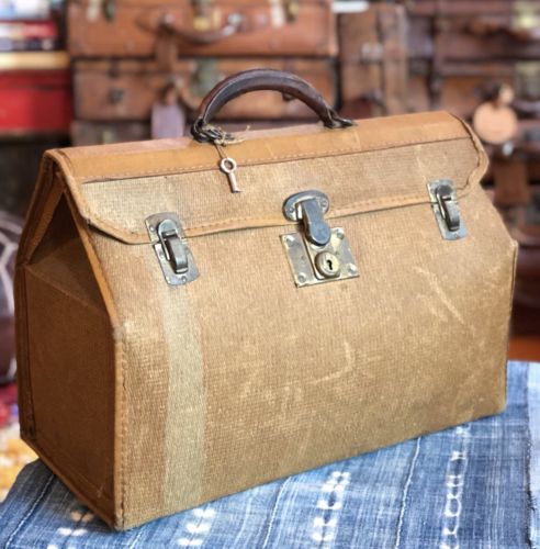Antique Rattan  Brown Leather Trimes Dr Bag Medical Bag Apothecary Gladstone Bag