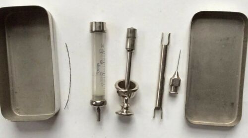Antique Medical Syringe Kit, Branded “Foreign” With Case Needle Plunger Spring
