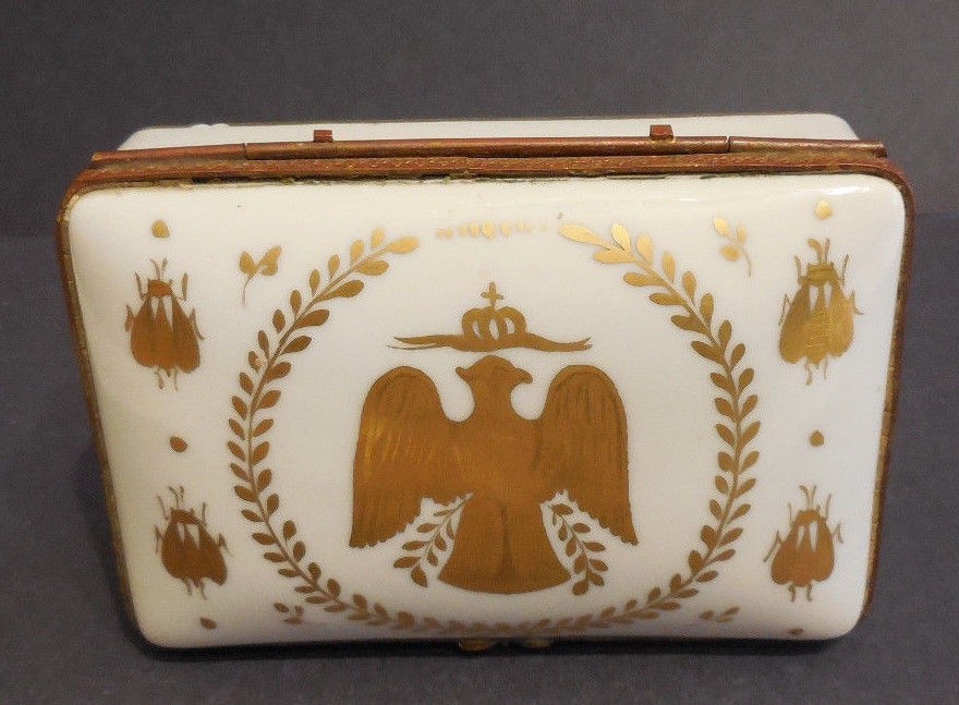 Rare Gilt Napoleonic Porcelain Lidded Box with Eagle and Bee Design