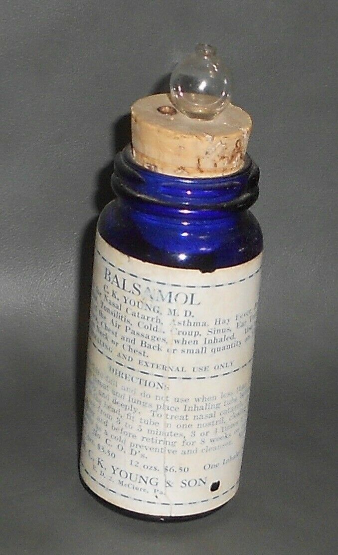 c1920 Vintage Blue Inhaler Bottle w/ Glass Bulb  Dr Young  McClure PA Balsamol
