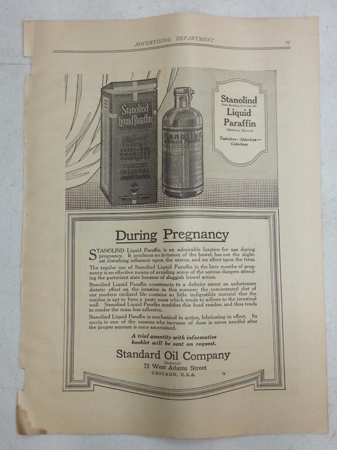 1917 Stanolind Liquid Paraffin During Pregnancy Laxative Standard Oil Medical Ad