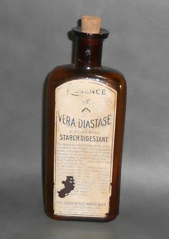 c1907 Antique Quack Medicine Bottle Essence Vera Diastase F. Stearns Detroit
