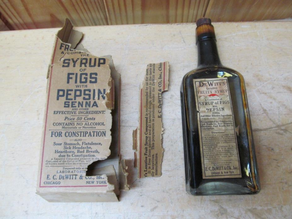 Antique Glass Medicine Bottle – DeWitt’s Laxative Fruity Syrup Figs/Pepsin SEALE
