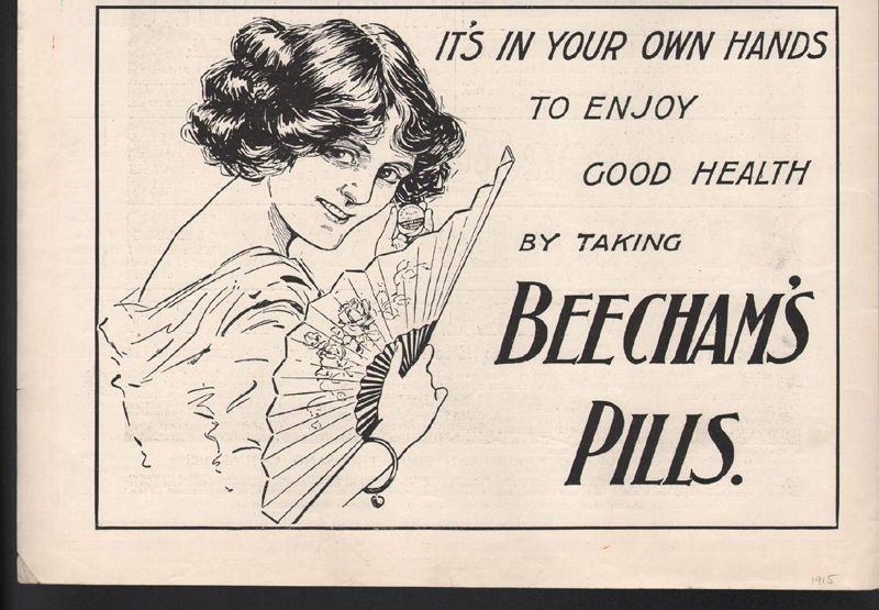 1915 BEECHAM PILL WOMAN FAN MEDICAL QUACK TIN ST HELEN LONDON MEDICINE 20164