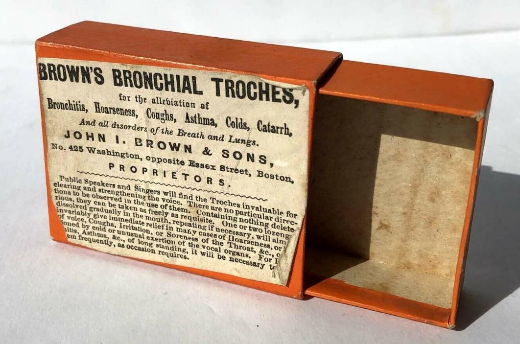 Antique Medicine Pill Box, Browns Bronchial Troches w Revenue Stamp