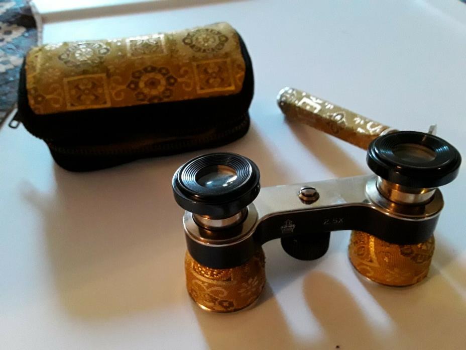 Antique Opera Glasses with Handle and Pouch Gold Silk Covered 25X  KING
