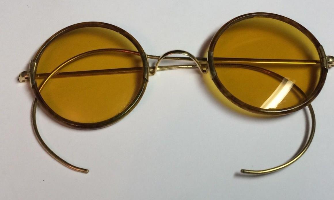 12 k Gold Celluloid Round Gold Lens Sun Glasses Ear Wrap Arms Vintage