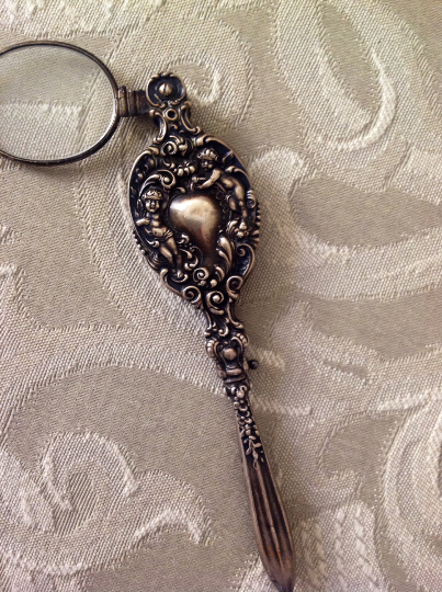 Sterling Silver Ornate Lorgnette Glasses with Cupids