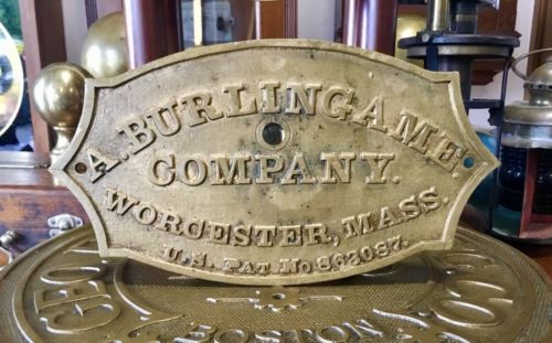 A. BURLINGAME. CO. WORCESTER MASS. BRONZE PLAQUE, Guaranteed Original
