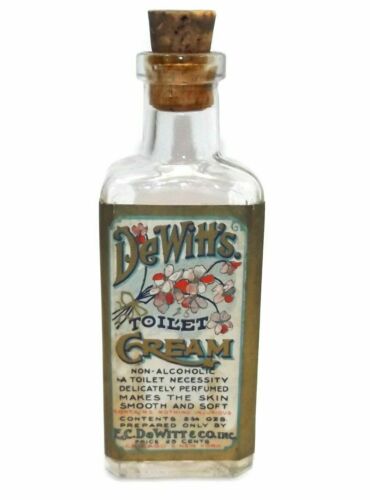 Old NOS DeWitt's Toilet Cream Glass Cork Top Medicine Bottle w/ Label & Contents