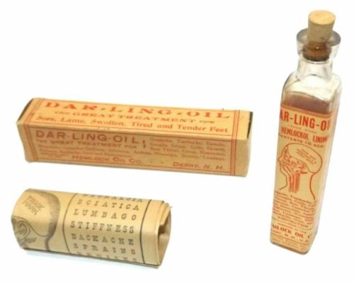 Antique Dar-Ling-Oil Hemlock Oil Medicine Bottle in Original Box with Paper