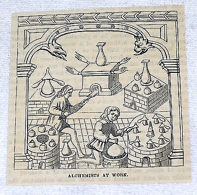 small 1882 magazine engraving ~ ALCHEMISTS AT WORK In The Olden Days