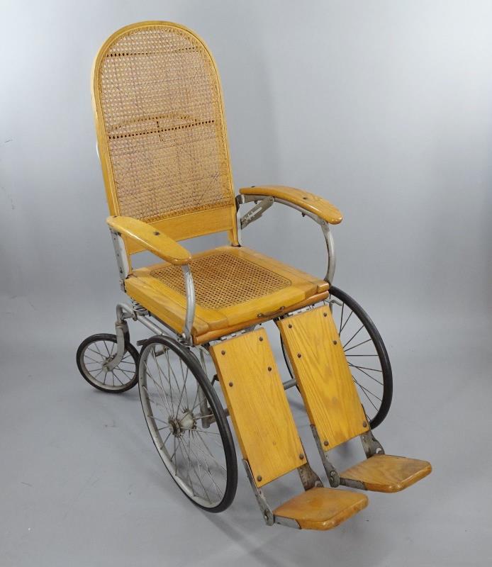 Vintage Wooden and Steel Antique Wheelchair with Cane Seat, Fully Adjustable