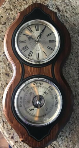 Vtg Bulova  Clock (Runs) and Operating Barometer Wall Set Wood Case
