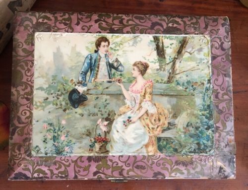 Vintage Celluloid Box Jewelry Sewing Box  Romantic scene