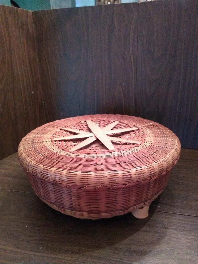Antique Unique Woven Wicker Sewing Basket, Brown