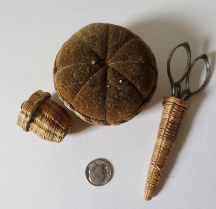 3 Wabanaki sewing accessory baskets 100+years old, thimble, scissor, pincushion