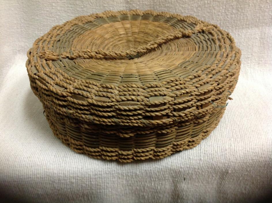 Antique straw woven sewing basket unique