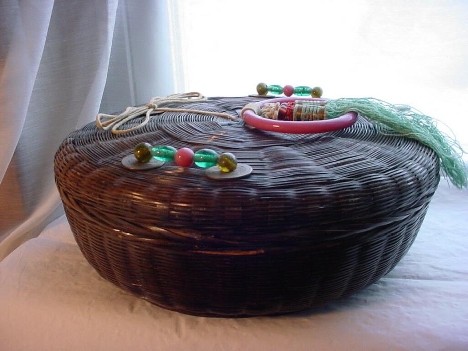 Antique Victorian Chinese Sewing Basket with Glass Loop and Coins 10 inch Intact
