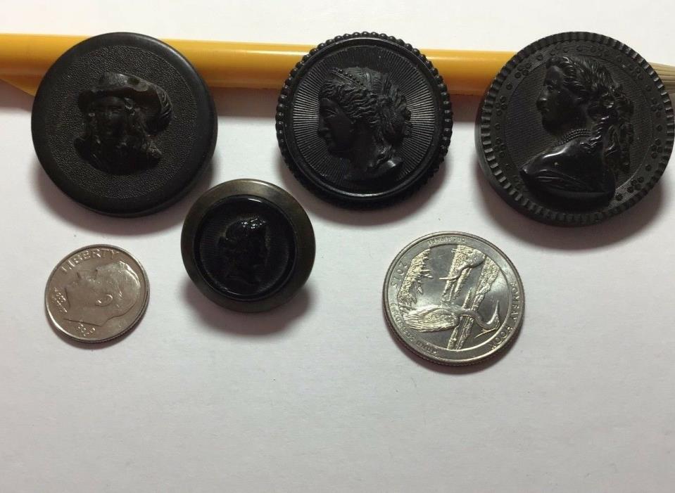 ANTIQUE HORN BUTTONS WITH HEADS, ANTIQUE METAL/BL. GLASS HEAD, PARIS BACK MARK