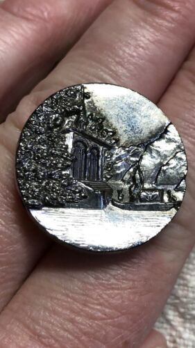 Antique Picture Button Black Glass River Boat Arrives Church Mountain Sanctuary