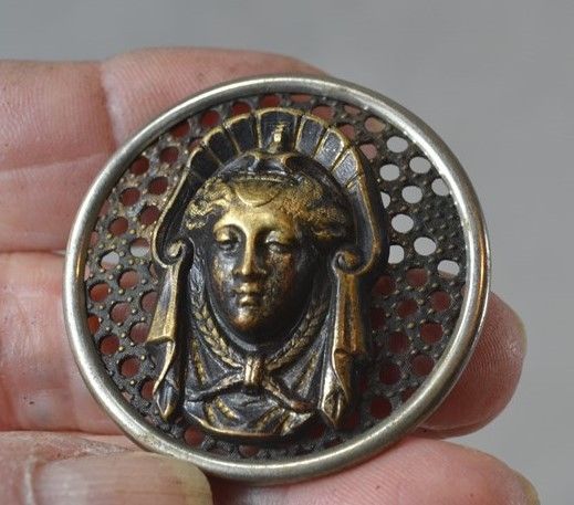 sewing button Victorian brass silver goddess queen picture 1.5 antique original