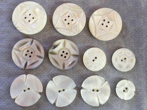 Lot of 11 Gorgeous Antique~ Vtg Carved MOP Shell BUTTONS Incised Designs